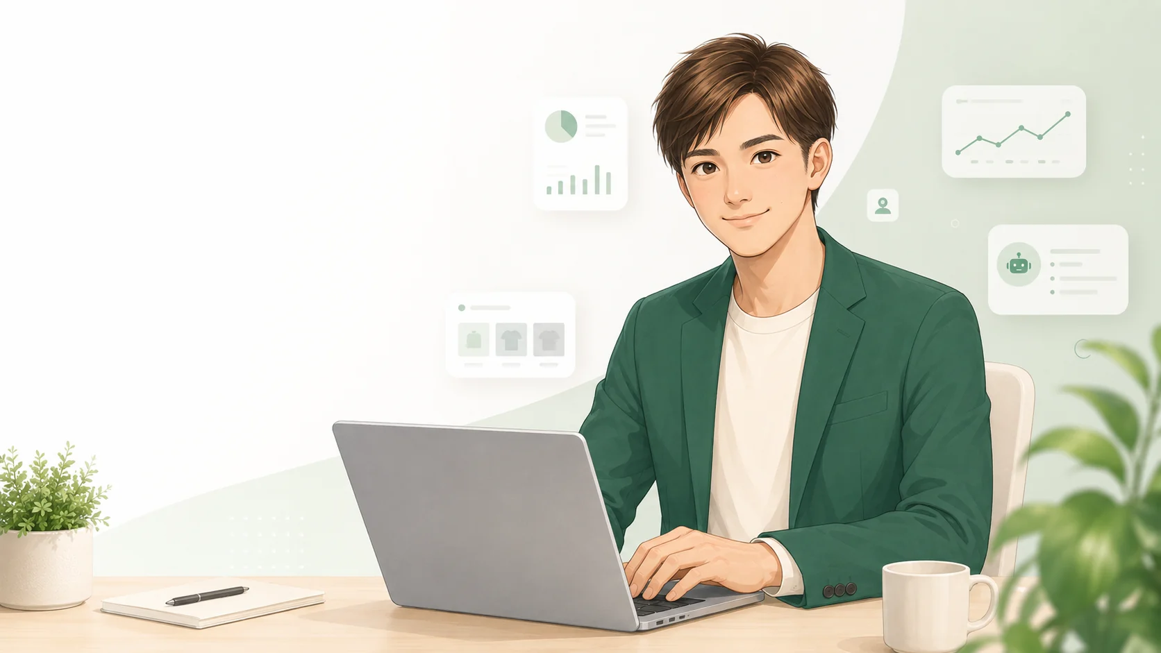 ノートパソコンでWeb・EC・AI活用の仕事をするAttaca Works代表のイラスト